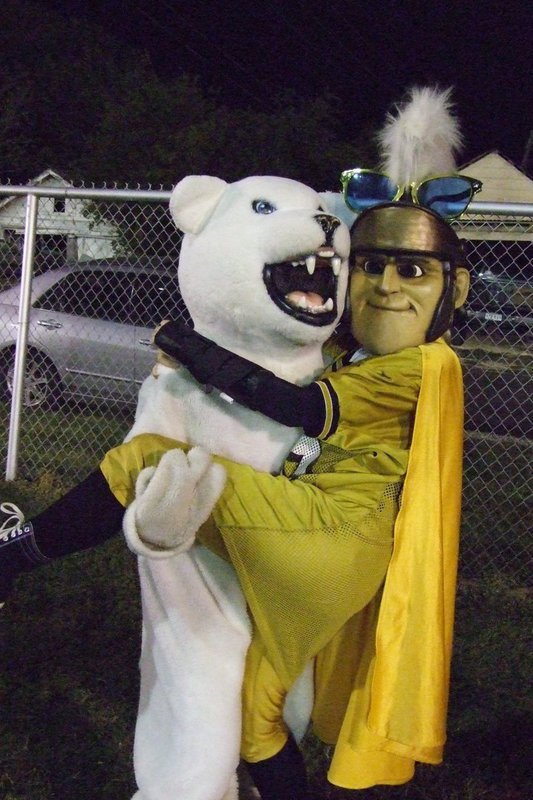 Image: Mascots — The Frost Polar Bear welcomes The Gladiator.