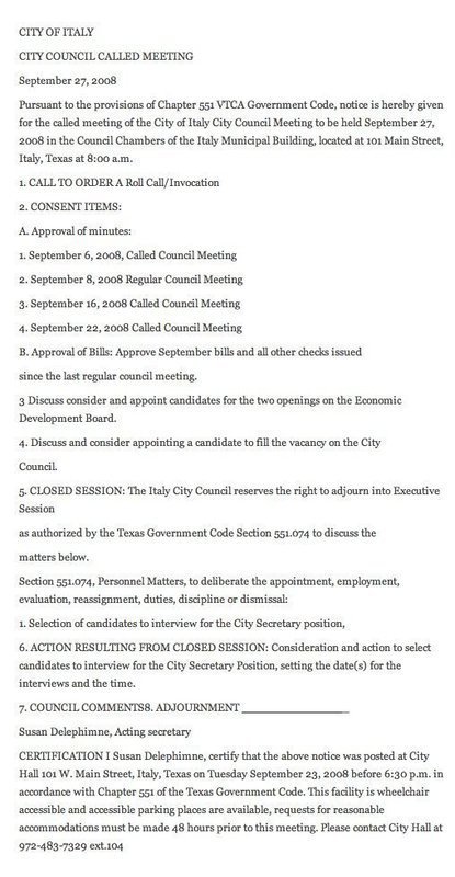 Image: City council agenda 09/27/2008 — Agenda for Italy city council called meeting concerning openings on the EDC, city council and at city secretary.