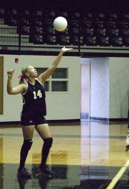 Image: Ready, aim … — Megan Richards serves the ball.