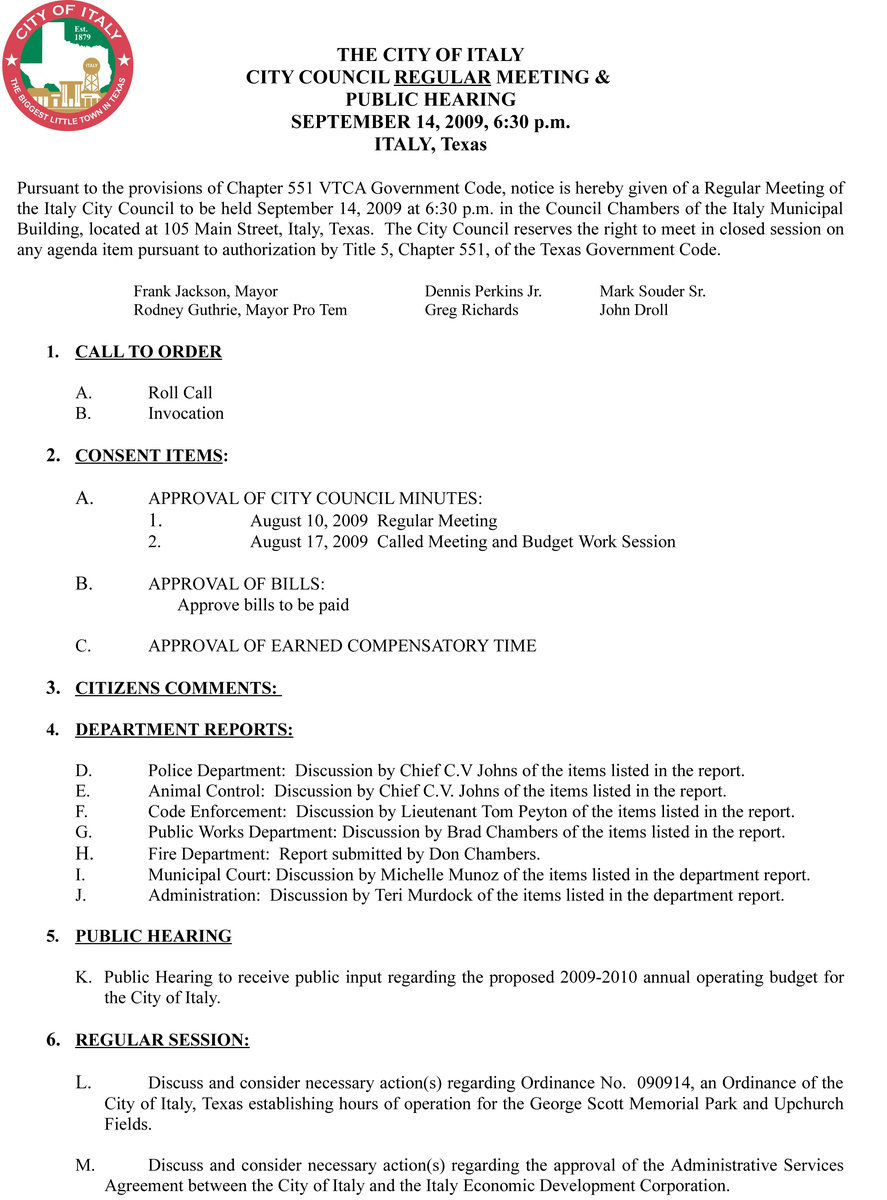 Image: City Council Meeting Agenda, September 14, 2009 – page 1