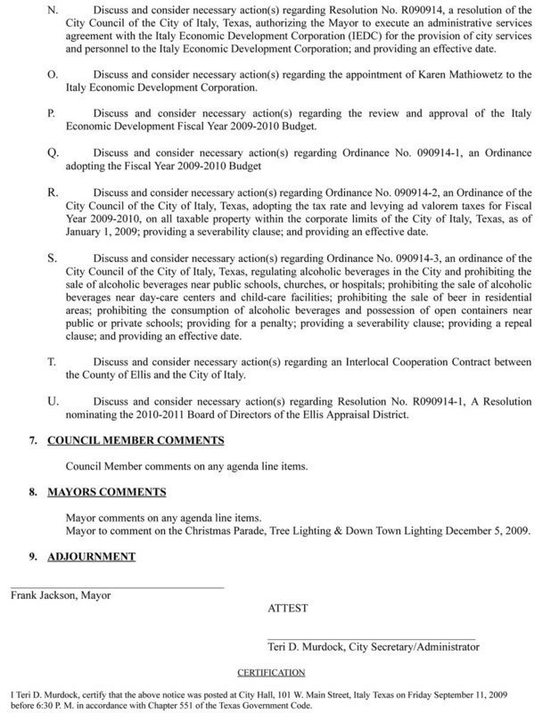 Image: City Council Meeting Agenda, September 14, 2009 – page 2