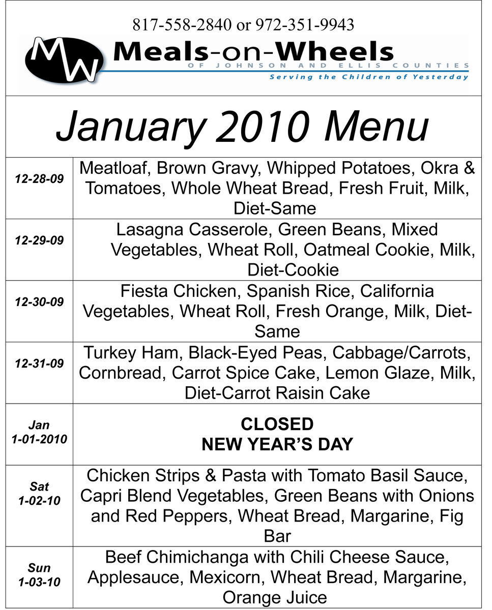 Image: January 2010 Meal Menu