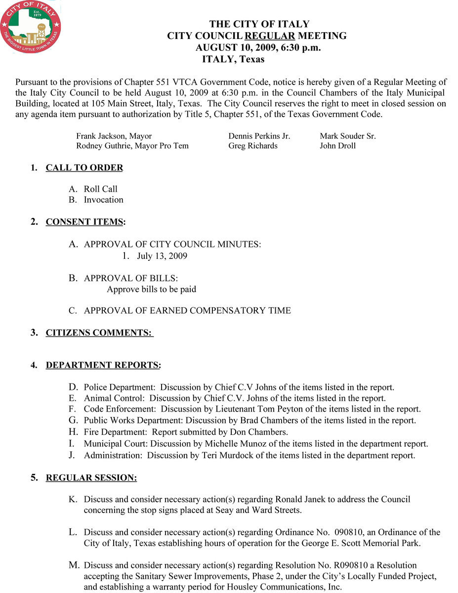 Image: August 10, 2009 – City Council Agenda (pg 1)