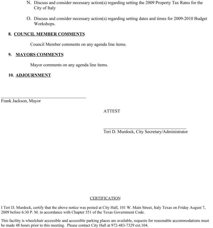 Image: August 10, 2009 – City Council Agenda (pg 2)