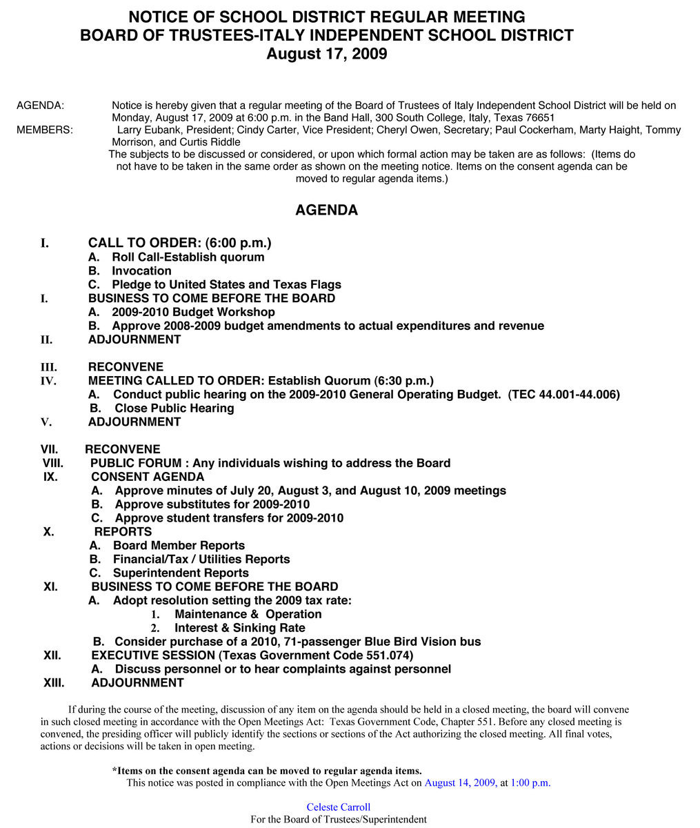 Image: Italy ISD School Board Meeting Agenda – August 17, 2009