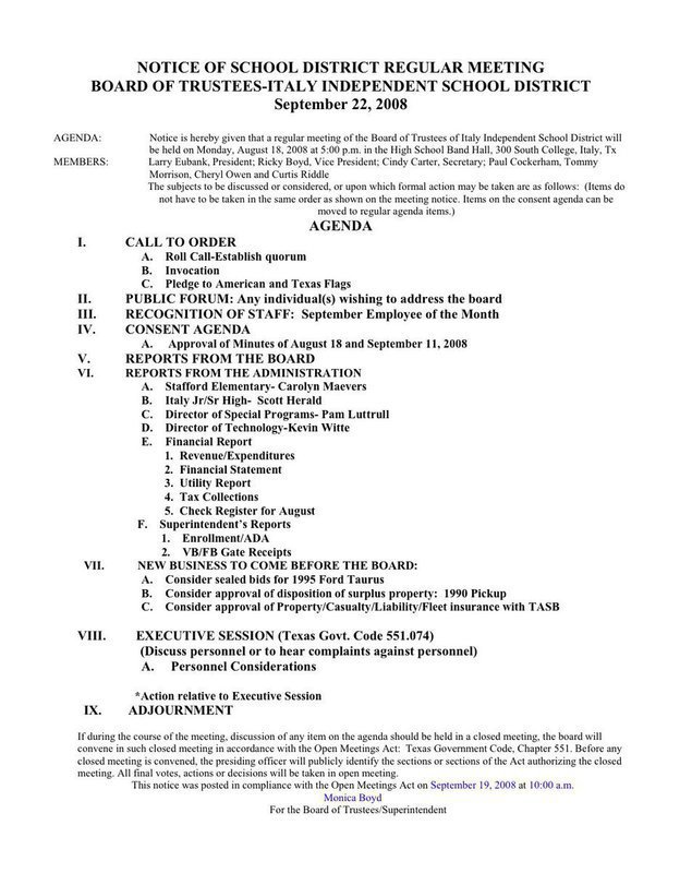 Image: Italy ISD agenda — Agenda for September 22, 2008 called meeting of the Italy Independent School Board.