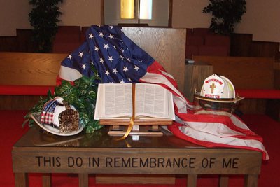 Image: Decorations to honor firefighters — Jenna Chambers, Melissa Souder and Clover Stiles decorated First Baptist to honor our local firefighters.