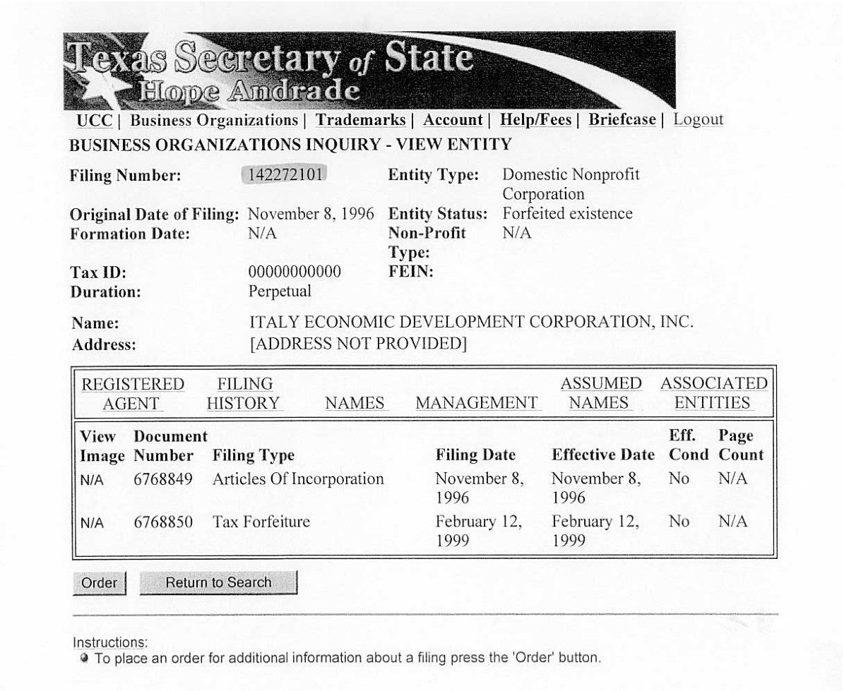 Image: Incorporation and Forfeiture — This is the Italy Texas EDC registration of Articles of Incorporation and the notice — three years later — of Tax Forfeiture. Entity status is “Forfeited existence.”