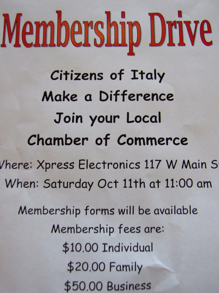 Image: Membership drive Italy Chamber — Italy Chamber of Commerce needs members. A membership drive is scheduled for Saturday, October 11.