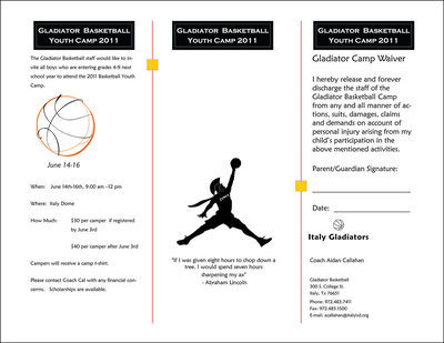 Image: Page 2: Sign-up form for the Gladiator Youth Basketball Camp 2011 being held June 14-16 at the Italy Coliseum Dome.