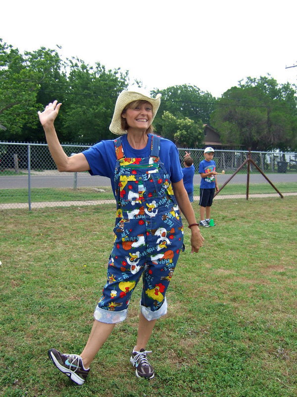 Image: Ramona Simon ready to have fun with the students all decked out in her Rodeo Clown get up.