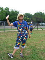 Image: Ramona Simon ready to have fun with the students all decked out in her Rodeo Clown get up.