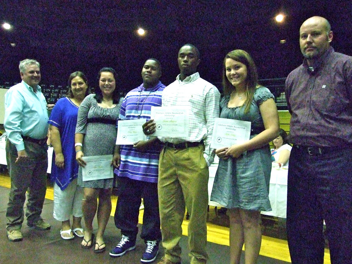 Image: The Italy Athletic Booster Club awarded four scholarships at the athletic banquet this year.  (L-R) Tommy Rossa, Kelly Lewis, Nikki Brashear, Bobby Wilson, Jasenio Anderson, Shelbi Gilley and Erick Thompson.