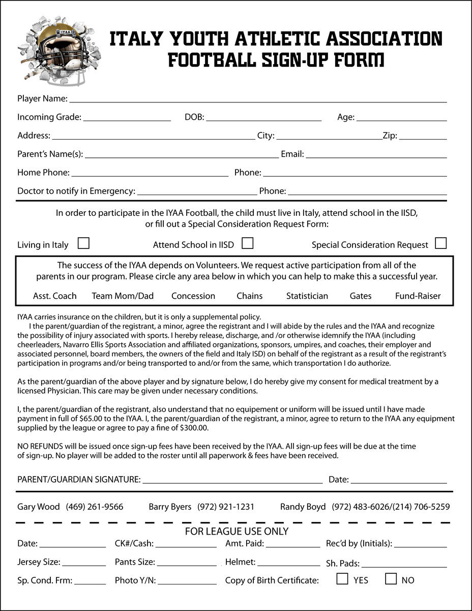 Image: IYAA Football sign-up form. Click image to enlarge and then select, “Fit to page,” when printing.