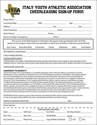 Image: IYAA cheerleading sign-up form. Click image to enlarge and then select, “fit to page,” when printing.