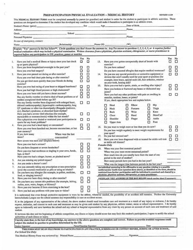 Image: Participation Physical Evaluation – Medical History form.