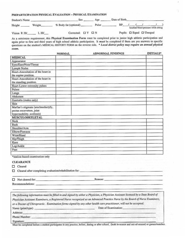 Image: Participation Physical Evaluation – Physical Examination form.