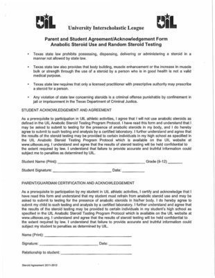 Image: UIL (University Interscholastic League) Parent and Student Agreement/Acknowledgement Form – Anabolic Steroid Use and Random Steroid Testing.