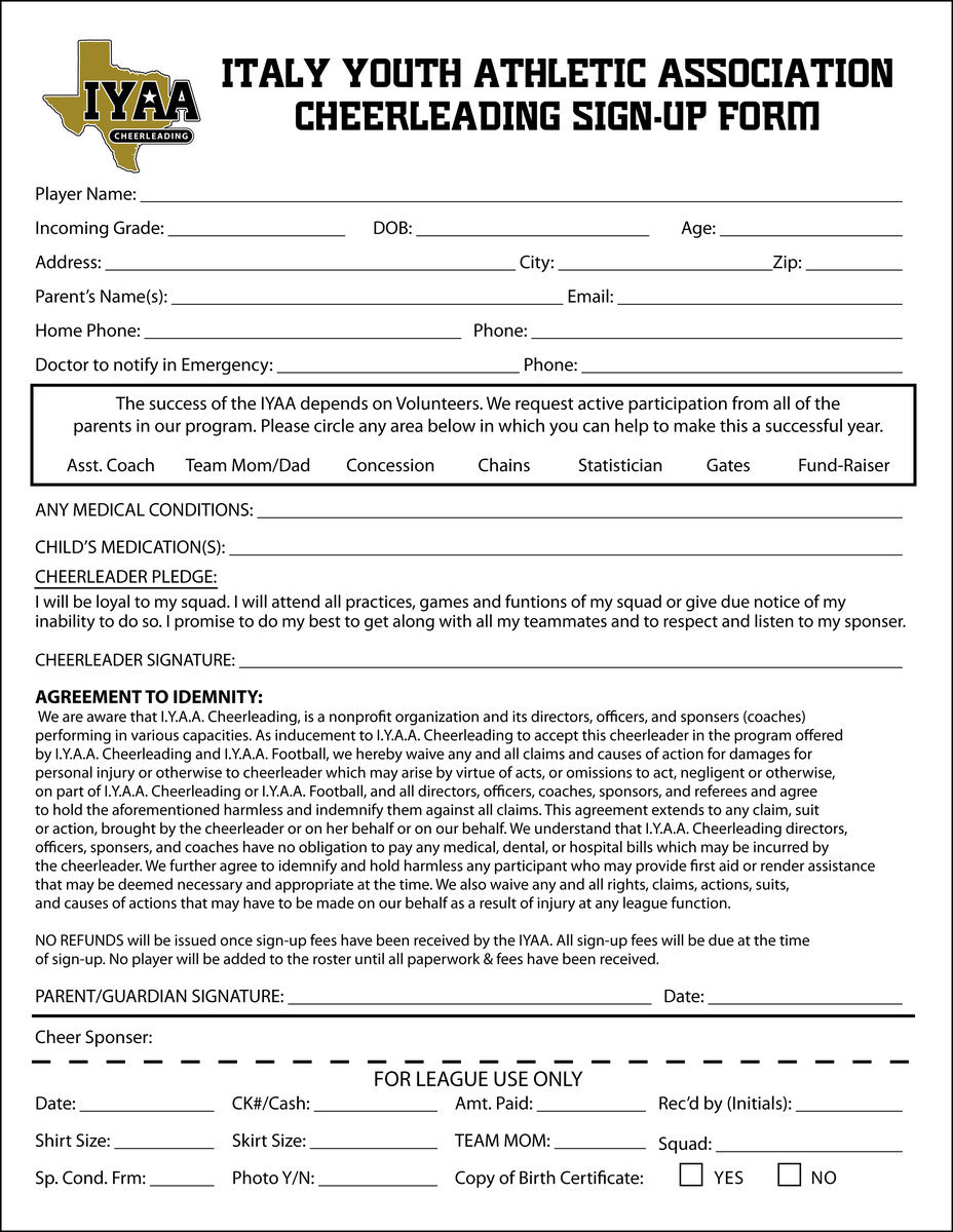 Image: IYAA cheerleading sign-up form. Click image to enlarge and then select, “fit to page,” when printing.