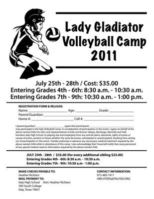Image: Lady Gladiator Volleyball Camp 2011 will begin Monday, July 25, and conclude on Thursday, July 28.