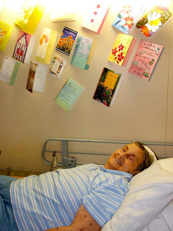 Image: Mary Crawford and her wall of birthday cards.