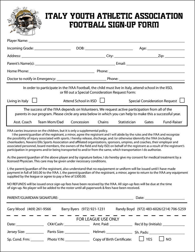 Image: IYAA Football sign-up form. Click image to enlarge and then select, “Fit to page,” when printing.