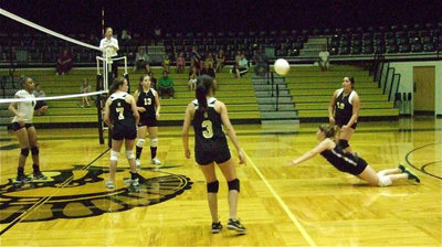 Image: Paige Westbrook digs deep to keep the ball alive for the JV Lady Gladiators.