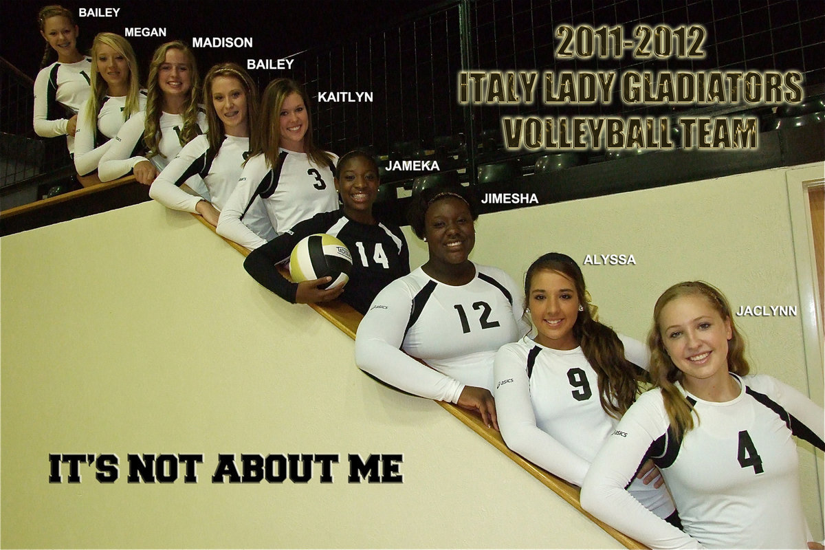 Image: It’s about team. The 2011-2012 Lady Gladiator
    volleyball team members are: (Top to bottom) Bailey Eubank, Megan Richards, Madison Washington, Bailey Bumpus, Kaitlyn Rossa, Jameka Copeland, Jimesha Reed, Alyssa Richards and Jaclynn Lewis.