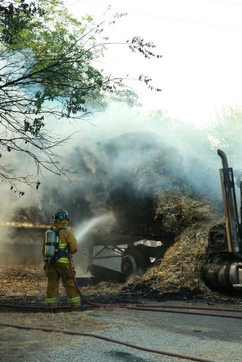 Image: The hay cargo was already on fire as the 18 wheeler neared downtown Italy.