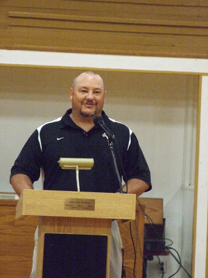 Image: Head Football Coach Craig Bales welcomed the parents and students to the occasion and invited everyone to the new volleyball and football season.