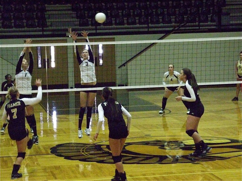 Image: Megan Richards(7) and Kaitlyn Rossa(3) try to block a Palmer attacker.