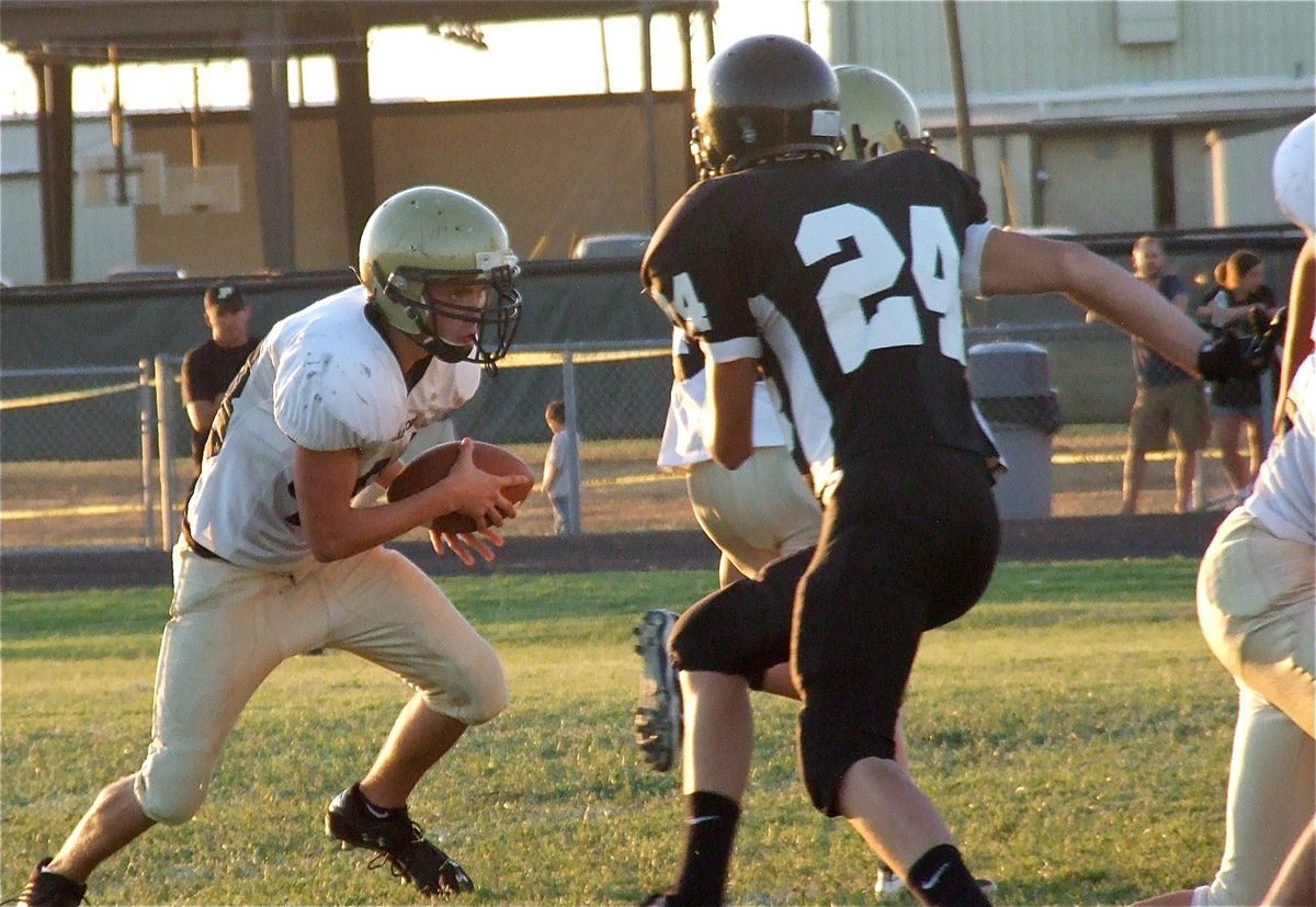 Image: Justin Wood(48) takes matters into his own hands as he searches for an opening thru the Palmer defense.