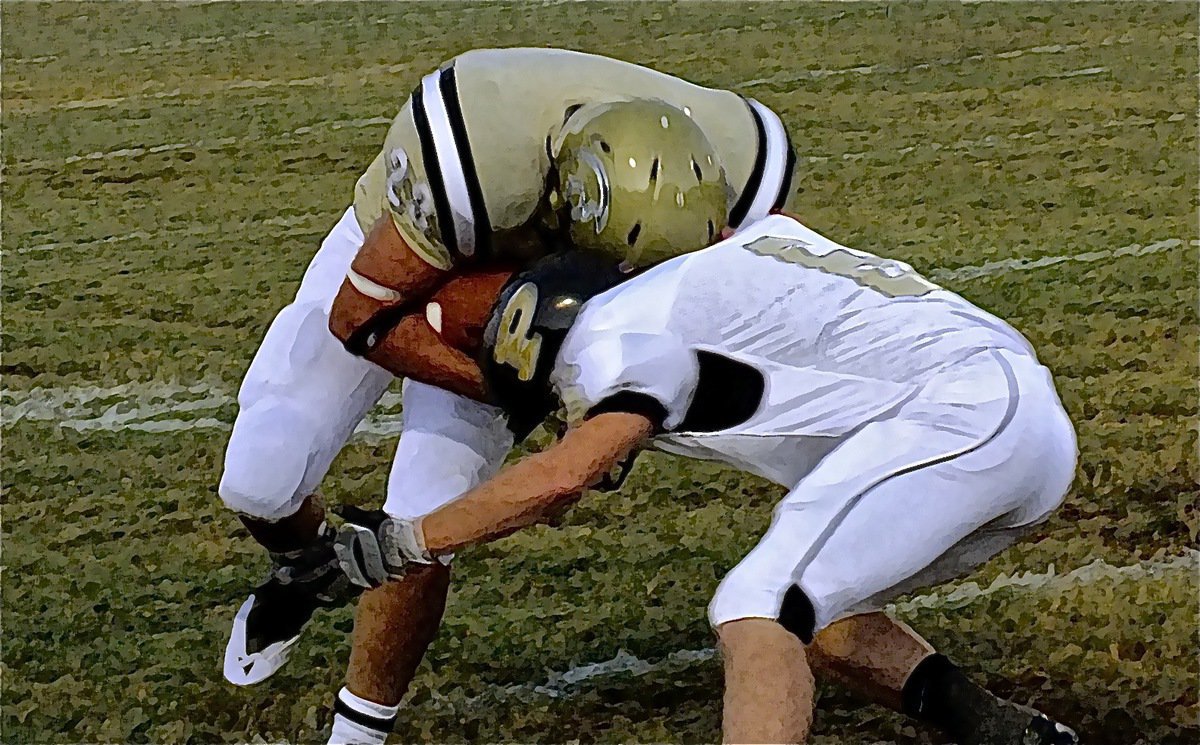 Image: Gladiator running back Kyle Jackson(28) delivers a hit to a Palmer defender.