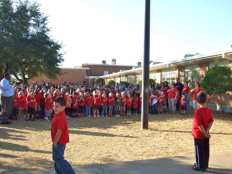 Image: Stafford Elementary students reciting the Pledge of Allegiance.
