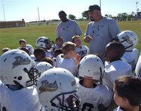 Image: K-2nd grade coaches Michael Davis and Aaron Itson congratulate their team on getting back into the win column after their 18-0 win over Palmer.