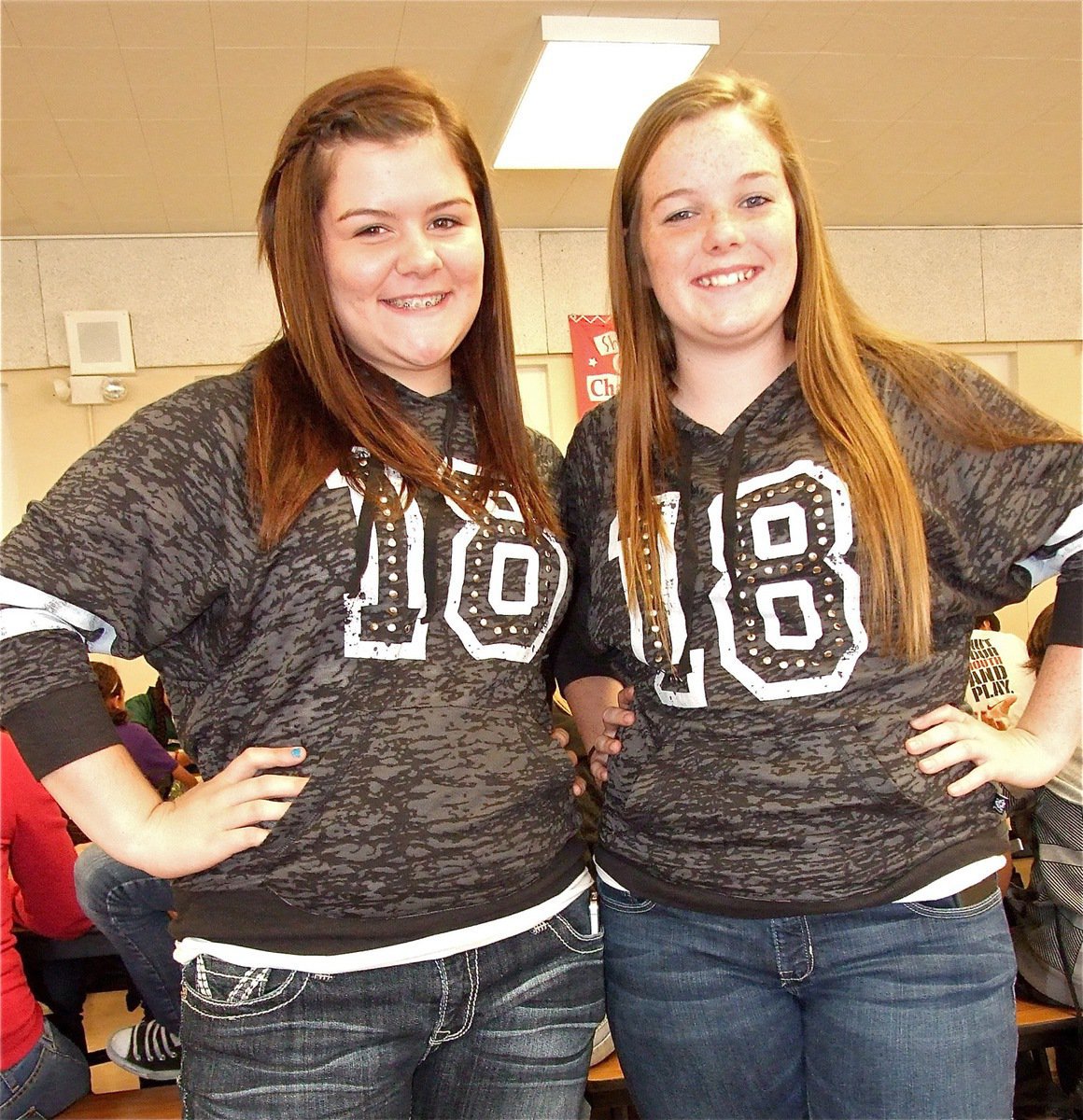 Image: Bailey DeBorde and Reagan Cockerham sport matching jerseys with a touch of bling to for Twin Day at Italy High School.