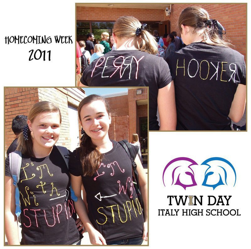 Image: Genius Twins! Lilly Perry and Amber Hooker show their smarts with this Twin Day concept to help kickoff homecoming week at Italy High School.