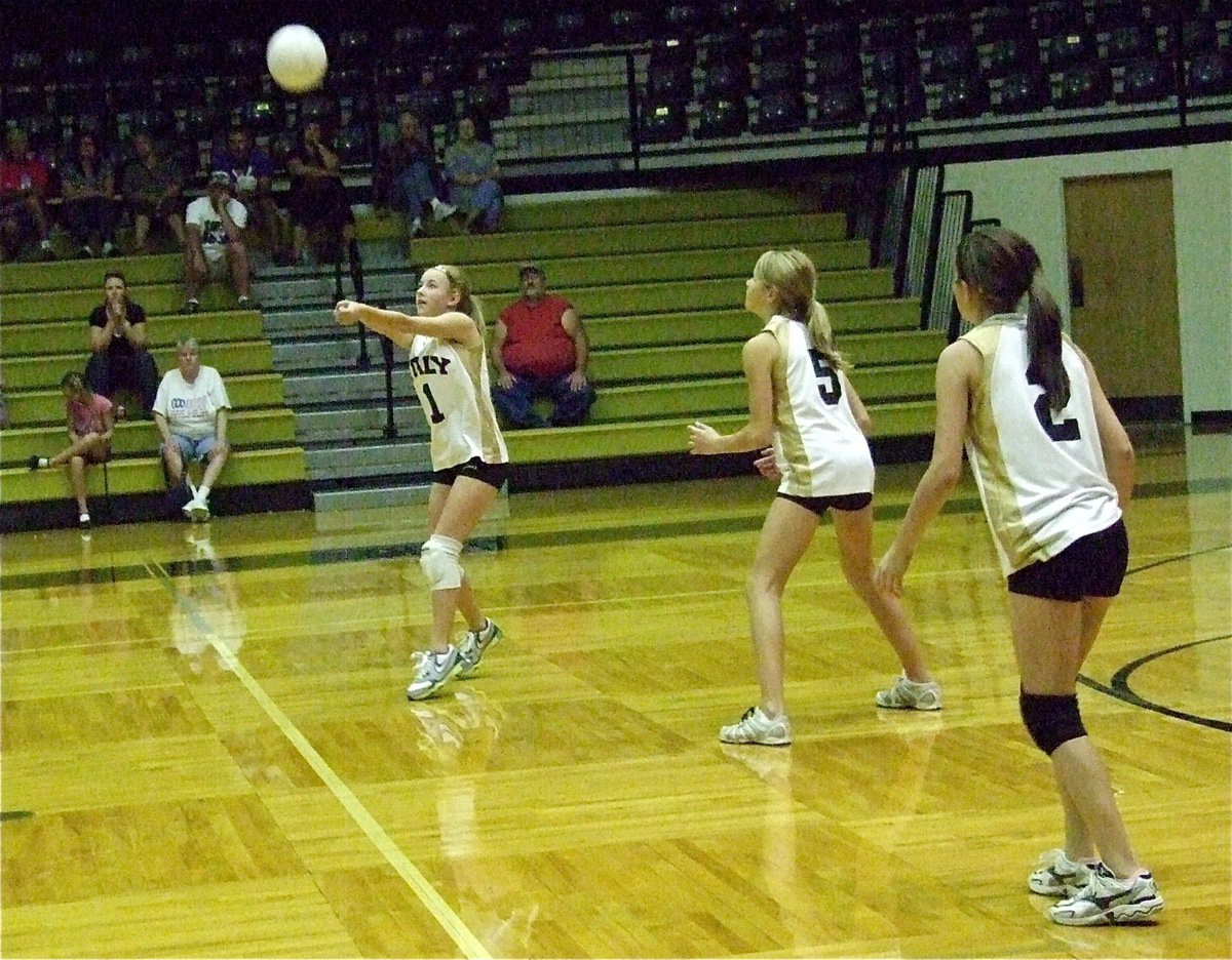 Image: Brittany Chambers(1) makes a play on the ball to keep the volley going.