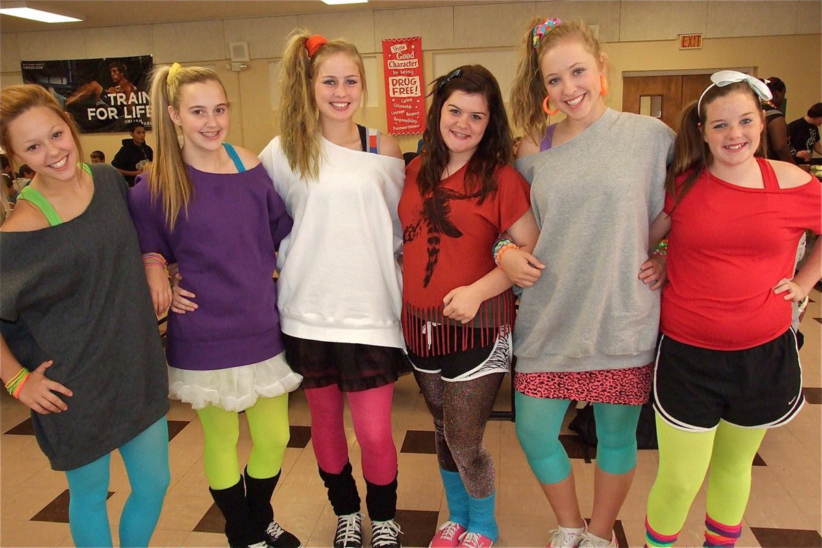 Image: Bailey Eubank, Kelsey Nelson, Madison Washington, Bailey DeBorde, Jaclynn Lewis and Reagan Cockerham bring the 80’s back in style.