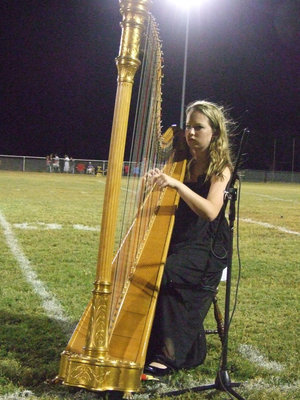 Image: Madelene Pittmon plays the harp for the queen and her court.