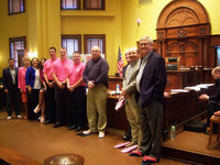 Image: Pink Out Day Proclamation:  (left to right) Commissioner Dennis Robinson, pct. 1; Dinah Weable; Nicole Mansell; County Judge Carol Bush; Waxahachie Firefighters; Sheriff Johnny Brown; Commissioner Ron Brown, pct. 4; Commissioner Heath Sims, pct. 3; Commissioner Bill Dodson, pct. 2.