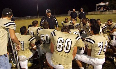 Image: Gladiator head coach Craig Bales compliments his team on another strong performance after their 26-12 win over the Buffalo Bison.