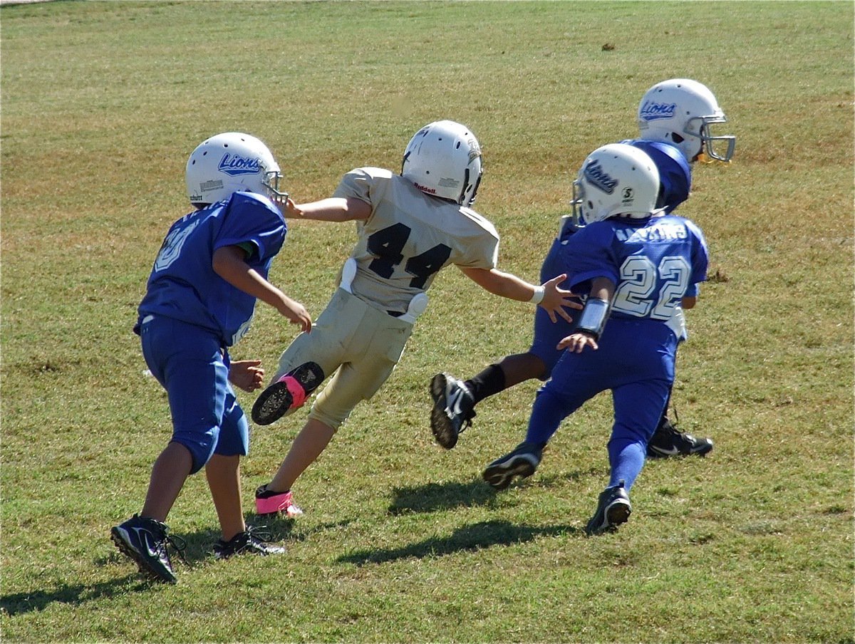 Image: IYAA B-Team’s Jayden Saxon(44) tries to catch a Lion by his tail.