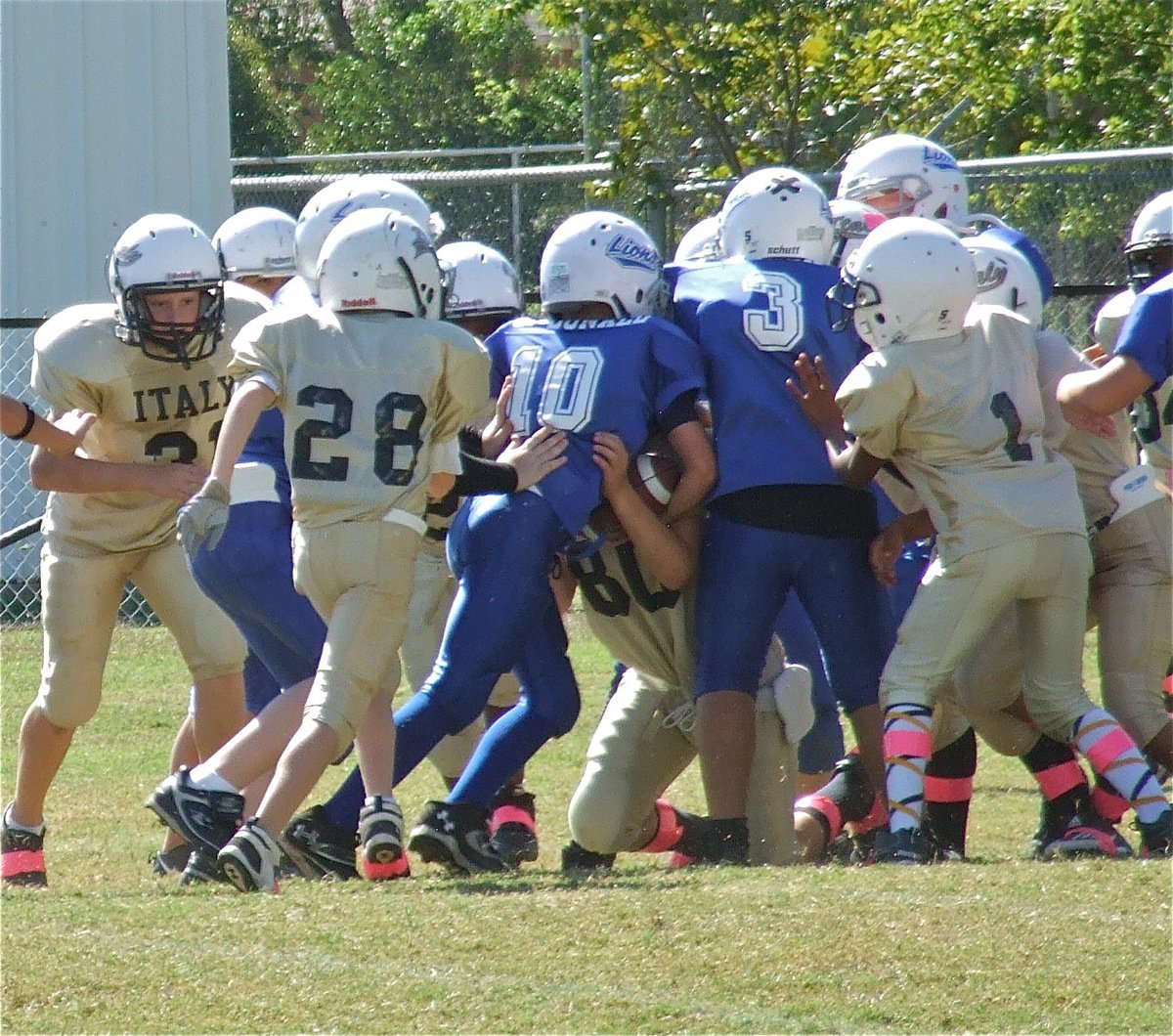 Image: Isaac Salcido(80) gets low to help cause a Lion fumble as teammates Clay Riddle(31), Garrett Cash(28) and Al Waits(1) close in.