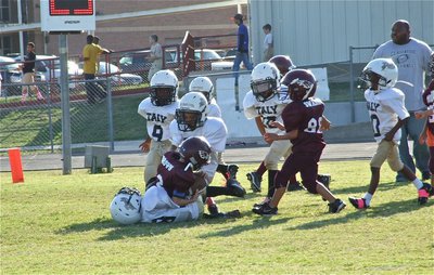 Image: IYAA C-Team players Julius Williams(88) and Jaylon Wallace(2) bring down a Mildred runner and keep him out of the endzone.