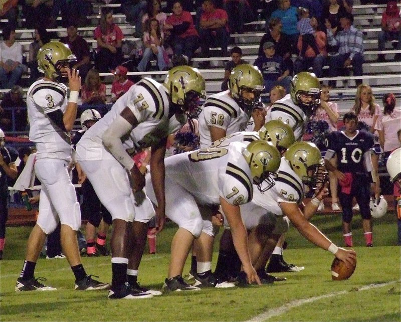 Image: Cougar quarterback Kirby Watson(10) watches from the sideline as Gladiator quarterback Jase Holden(3) confidently approaches the line of scrimmage behind his wall of blockers, which includes: Larry Mayberry, Jr.(77), Isaac Medrano(70), Zain Byers(50), Adrian Reed(64), Omar Estrada(56) and tight end Ethan Saxon(44).