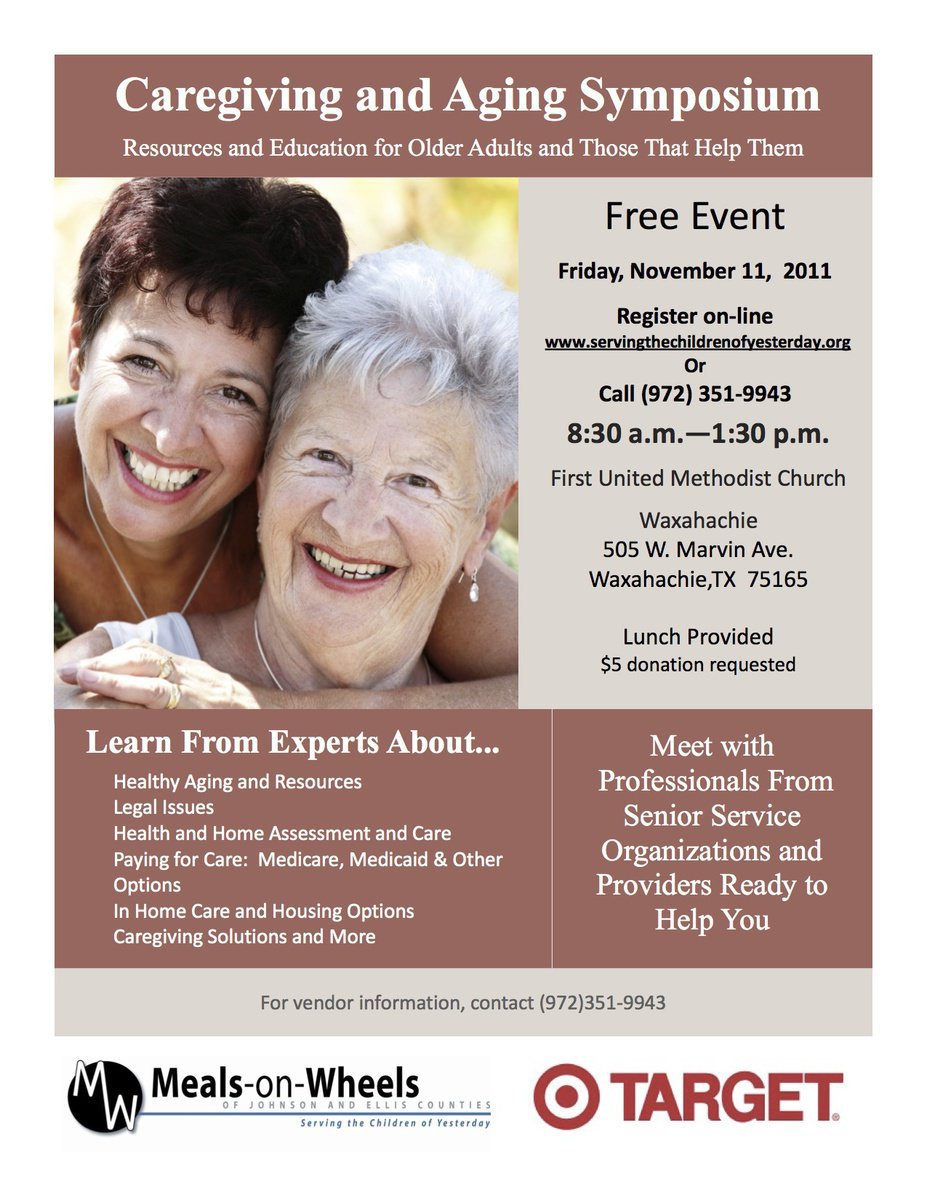 Image: Meals-on-Wheels of Johnson and Ellis Counties will host a free symposium for caregivers and older adults on Friday, November 11, 2011 from 8:30 – 1:30 p.m., at First United Methodist Church, Waxahachie, located at 505 W. Marvin Avenue.