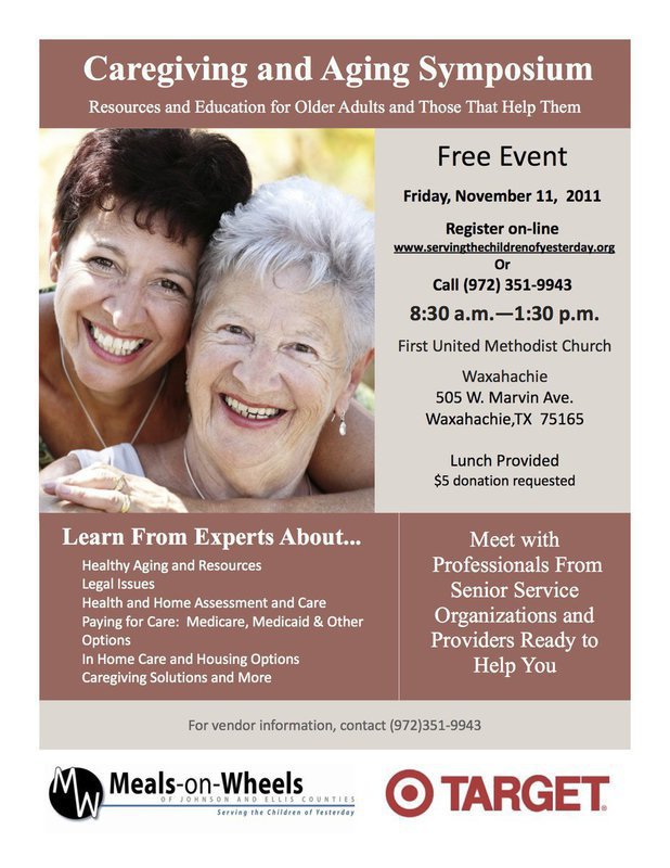 Image: Meals-on-Wheels of Johnson and Ellis Counties will host a free symposium for caregivers and older adults on Friday, November 11, 2011 from 8:30 – 1:30 p.m., at First United Methodist Church, Waxahachie, located at 505 W. Marvin Avenue.
