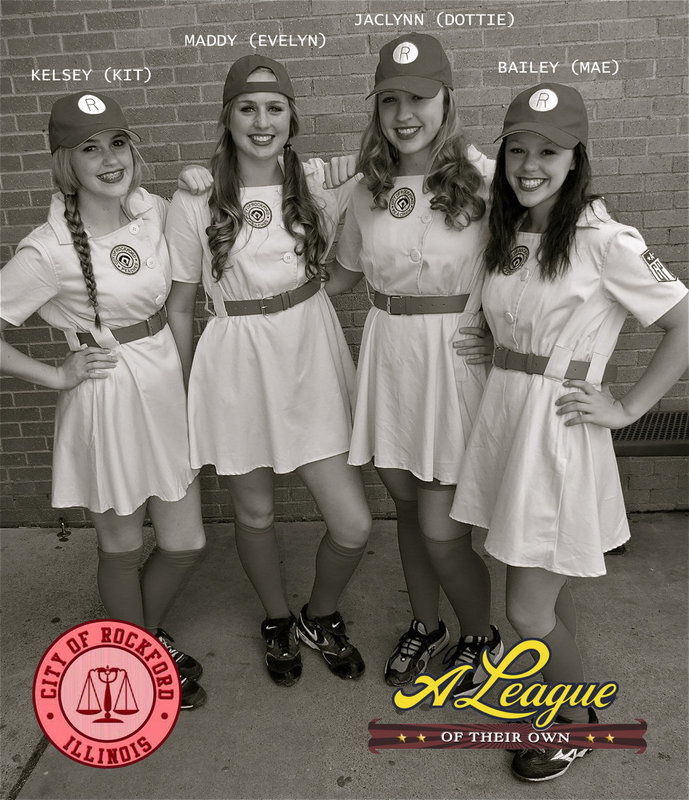 Image: In a league of their own are Kelsey “Kit” Nelson, Maddy “Evelyn” Washington, Jaclynn “Dottie” Lewis and Bailey “Mae” Eubank as these Rockford Peaches call drugs foul.