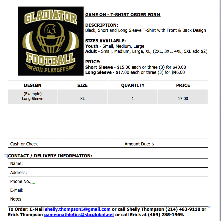 Order Form for FOOTBALL PLAYOFF SHIRTS